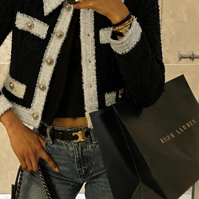 Chic Korean Style Color Block Short Coat Women's Autumn Winter Slim Fit Notch Collar Gold Button Embroidered Wool Blend Jacket