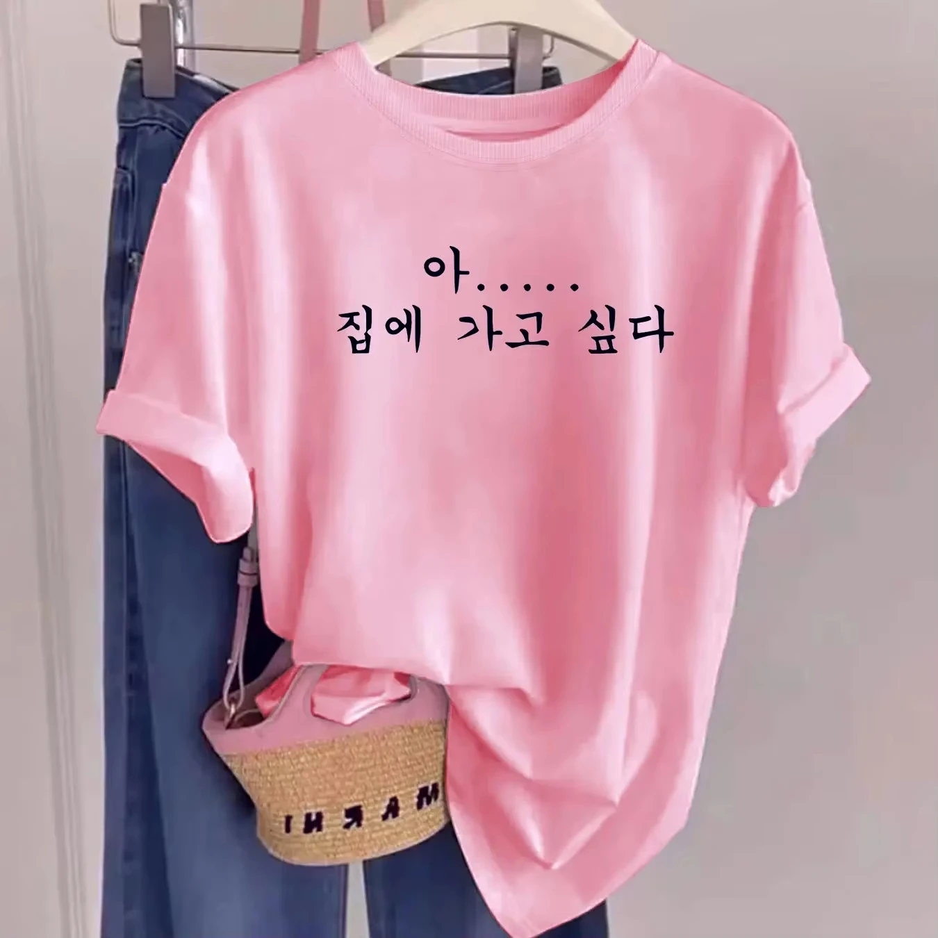 I Want To Go Home Korean Letter Prints T-Shirts Cotton Womens Summer Short Sleeve T Shirt Soft Oversized Tops Casual O-Neck Tees