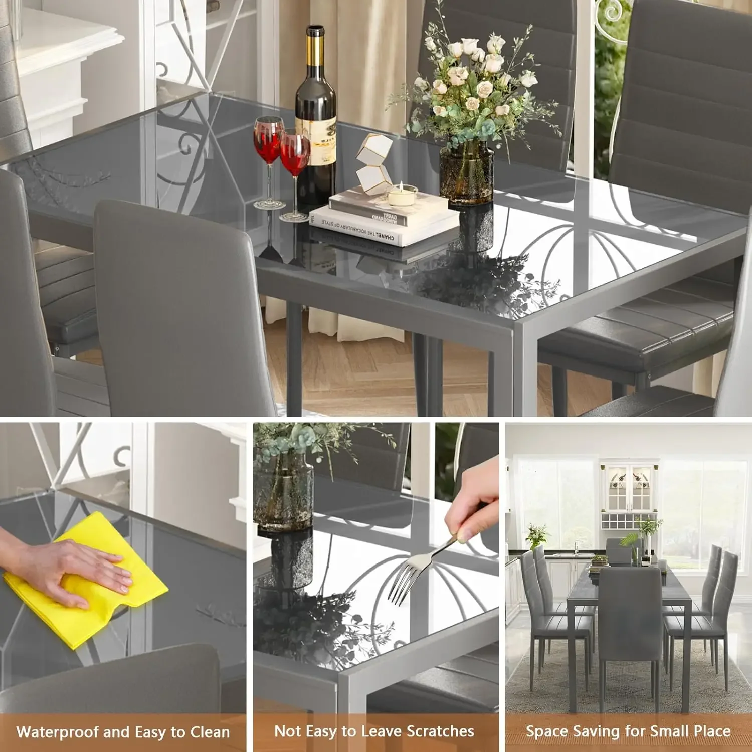 Piece Kitchen 6 Person, Tempered Glass Table and PU Leather Chairs Modern Dining Room Sets for Small Space, Grey