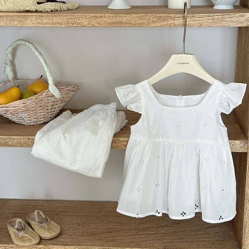 

Thin Shirt Pants Set Solid Color Simple Cute Sweet Casual Summer 25 New Loose Fly Sleeve Solid Color Wide Leg Pants 2 Piece Set