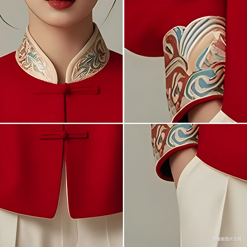 معطف أحمر على الطراز الصيني للنساء بأكمام طويلة وسترة خريف أنيقة عتيقة مطبوعة بزر ضفدع لعيد الميلاد والعام الجديد قمة الموضة