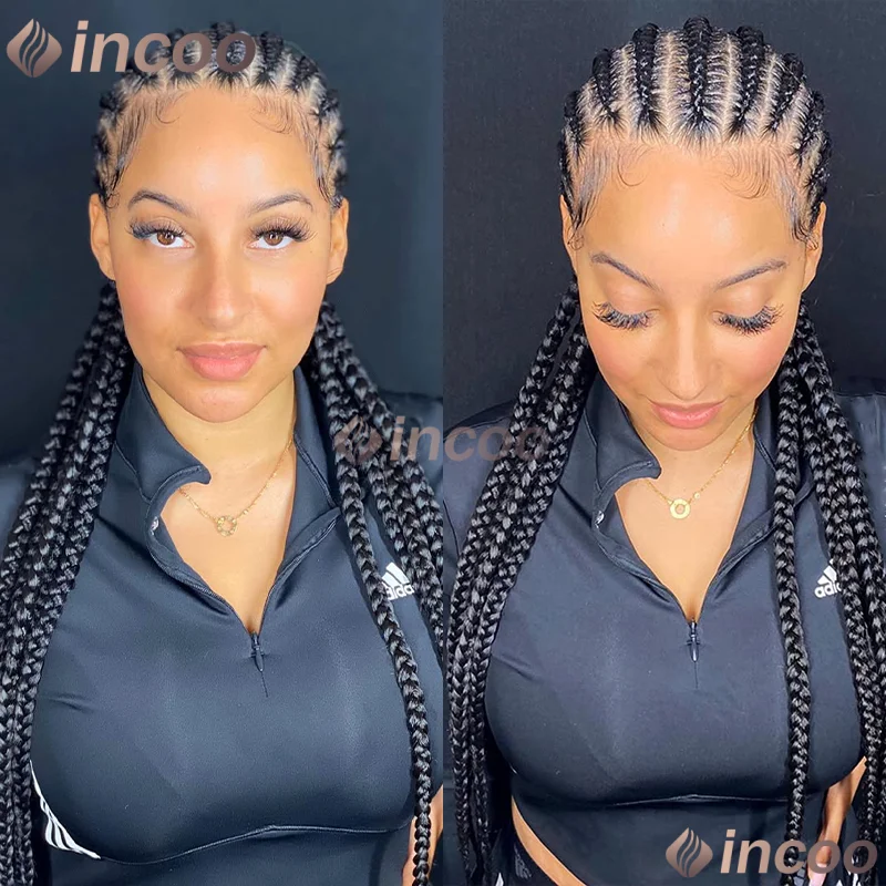 36インチ コーンロウブレイズ ベビーヘア付き 合成ウィッグ 360フルレースウィッグ 黒人女性用 ボックスブレイズ ブラックウィッグ