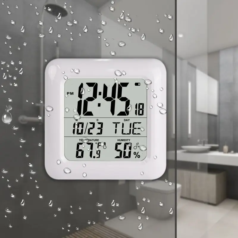 IPX5 Waterproof Digital Clock |Nordic Bathroom Hygrometer with Suction Cups Wall Mount Thermometer for Kitchen Shower Home Decor