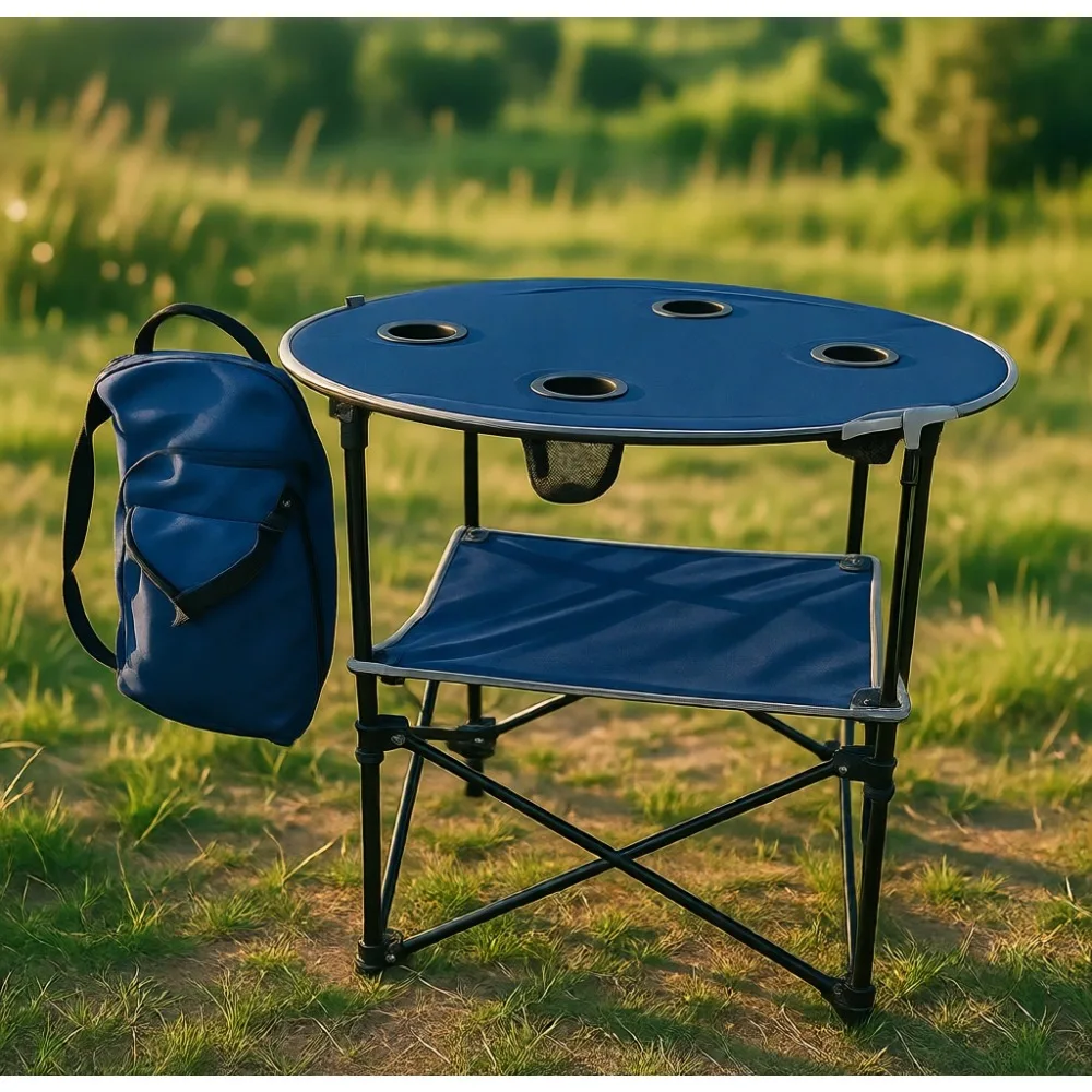 

Portable Two Tier Foldable Outdoor Table with Cup Holders Carry Bag Lightweight Waterproof Fabric