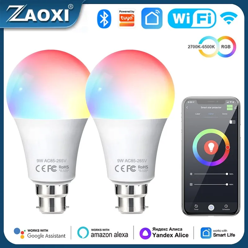 

ZAOXI Tuya WIFI Bluetooth LED Light Bulbs E26/E27/B22 9W RGBCW Smart APP Timing Bulb Support Alexa Google Home Voice Control