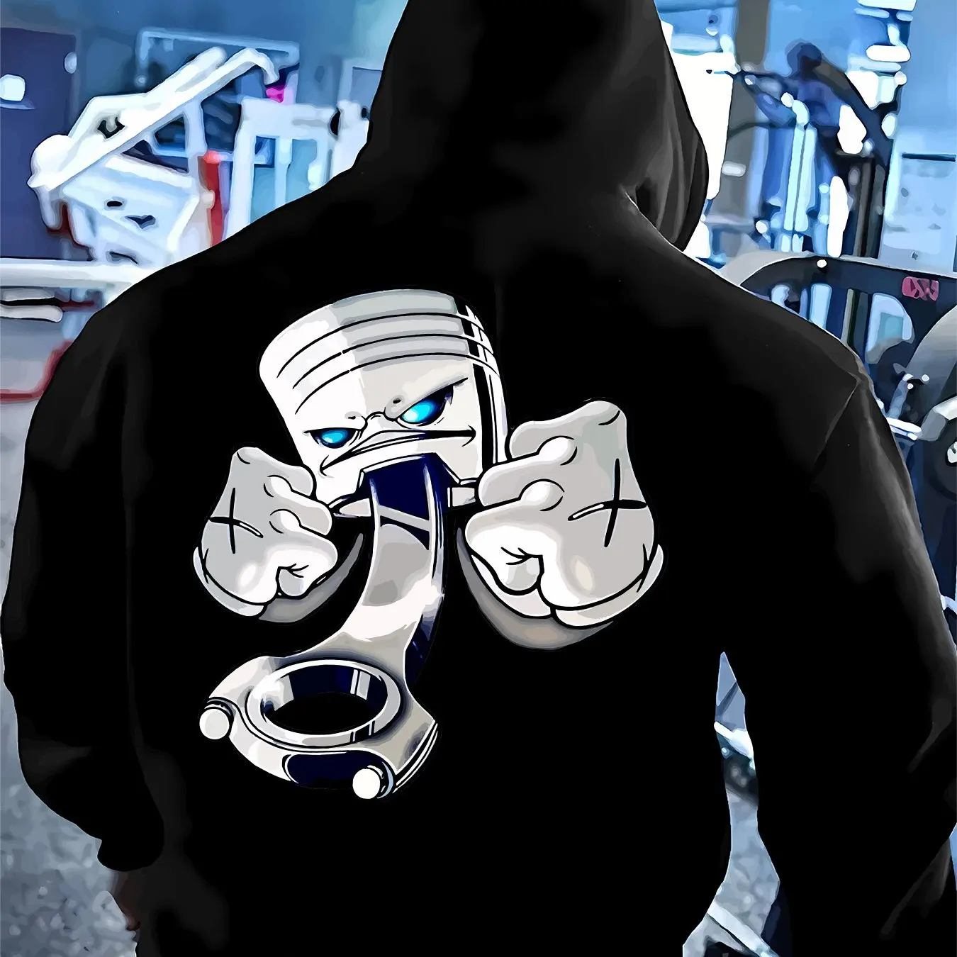 2026 Men Light‑Grey Cartoon Fist Engine Piston Back‑Print Hoodie Car Mechanic Motor Graphic Loose‑fit Unisex Pullover Hooded