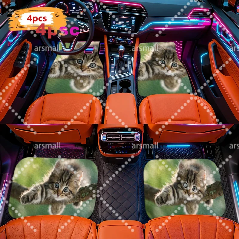 2D Design Featuring Four Modern Minimalist Cute Kittens Resting On Branches, Suitable For Various Car Models. Easy To Clean, Dur