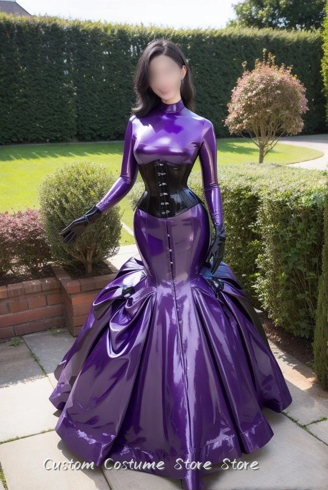 Maßgeschneidertes lila Abendkleid mit Stehkragen, glänzender Stoff, lange Ärmel, schmale Taille und Boden, Ballkleider, elegante Partykleider