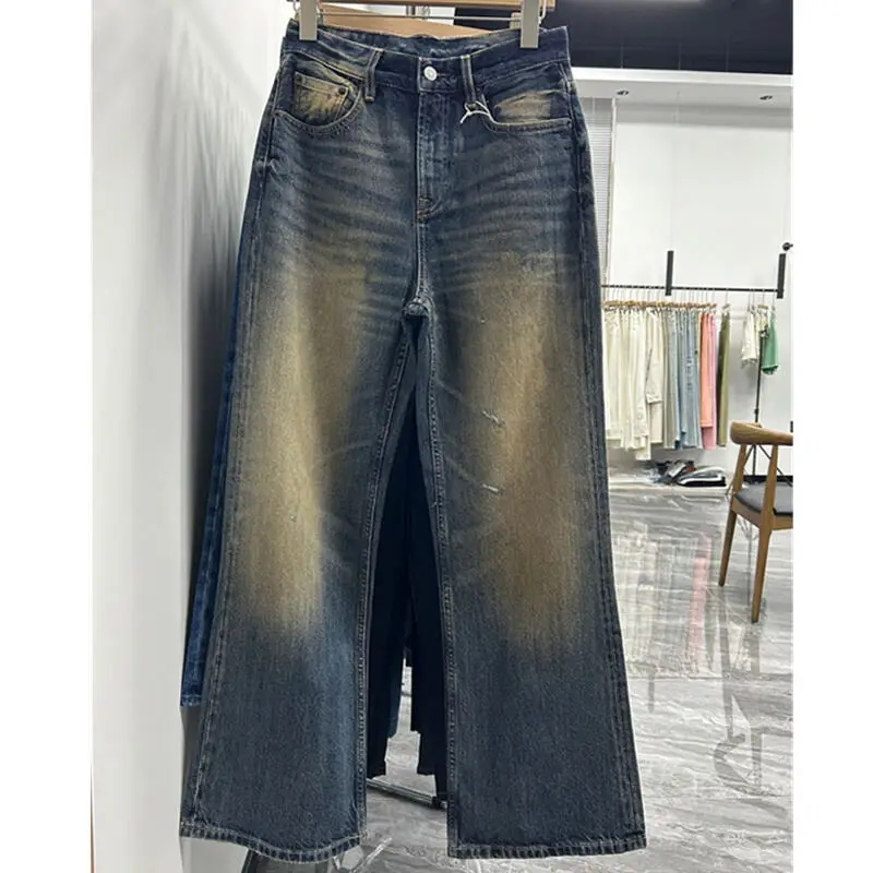 

Withered Minimalist Retro Washed Distressed High Waist Straight Jeans Boyfriend Style Wide Leg Jeans Ripped Jeans Women