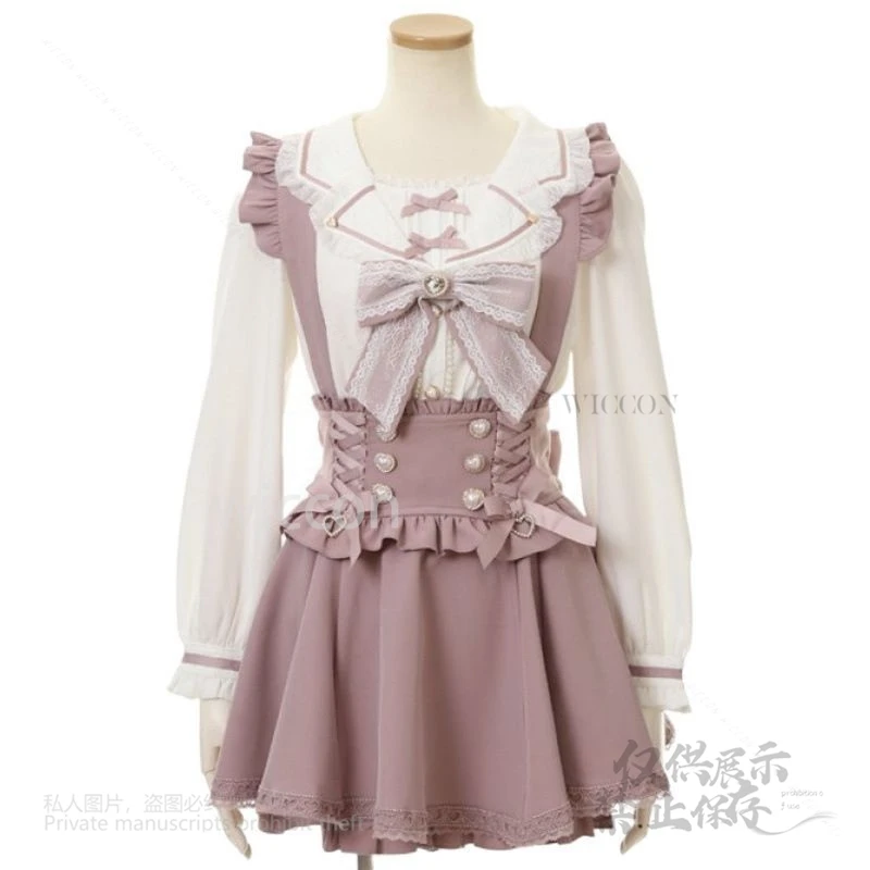 النمط الياباني Y2K Jirai Kei فستان الدانتيل التعادل فراشة عقدة الشريط القوس حزام لينة Kawaii 3-ألوان لوليتا تنورة فتاة قصيرة الأكمام