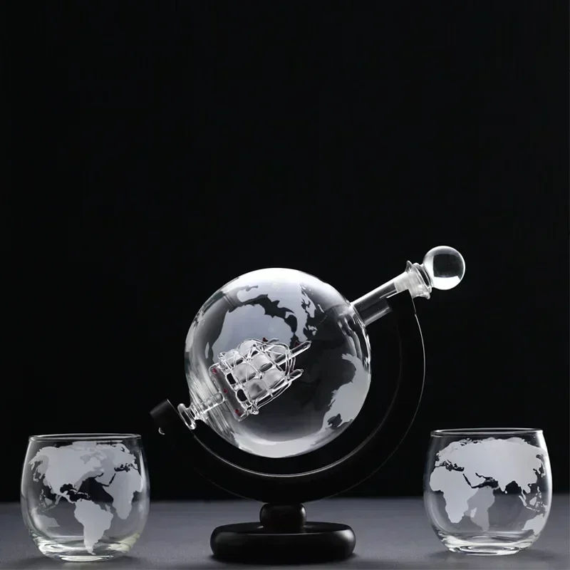 Whiskey Decanter Globe Wine Aerator Glass Set Sailboat Inside Crystal with Fine Wood Stand Liquor Decanter for Vodka Cup Gifts