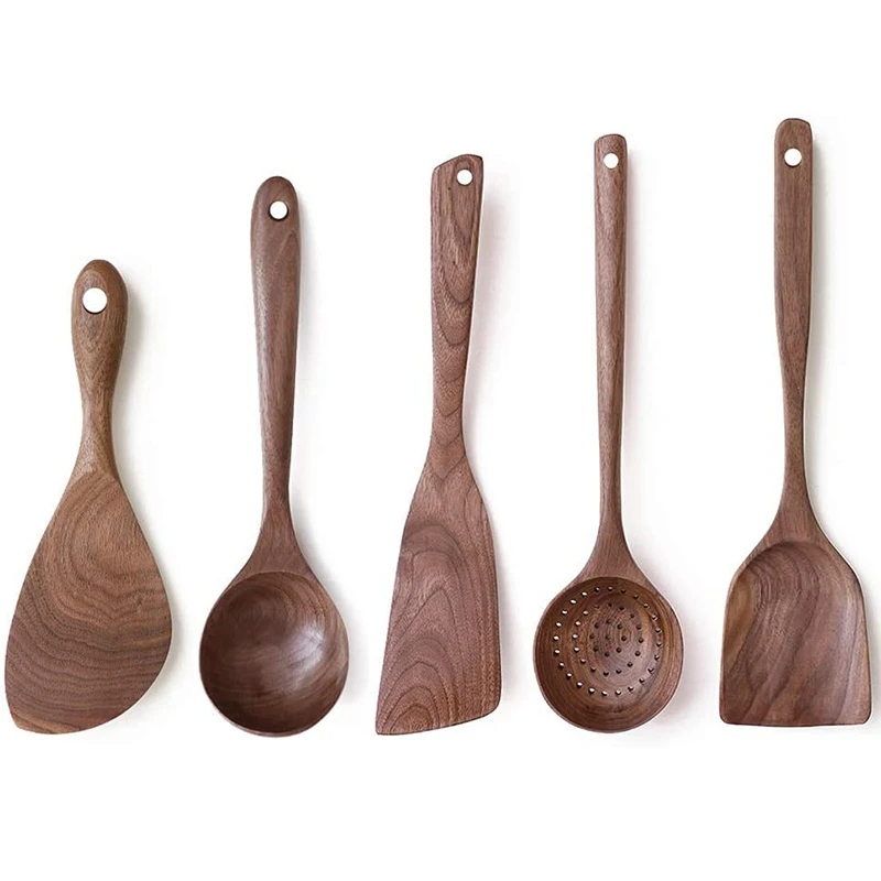 

Wooden Kitchen Utensils Set, 5 PCS Handmade Natural Walnut Wood Long Handle Cooking Utensils, Soup Ladle, Angled Spatula