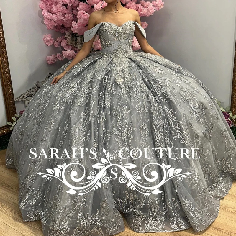 Glitter Grey Quinceanera Dress Sweetheart Off Shoulder Appliques Lace Beads Tull Sweet 16 Dress 2025 Vestidos De 15 Anos