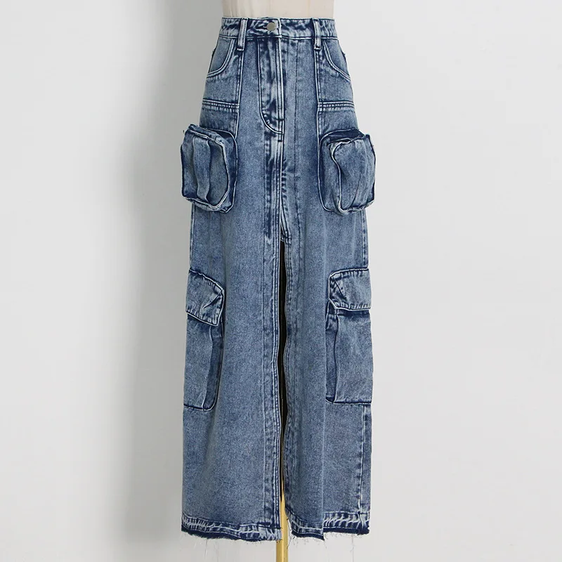 Imagem -04 - Saias Jeans Maxi Carga Feminina Bolsos Múltiplos Cintura Alta Saias de Fenda de Quadril Roupa de Rua Y2k Vintage Verão Novo 2023