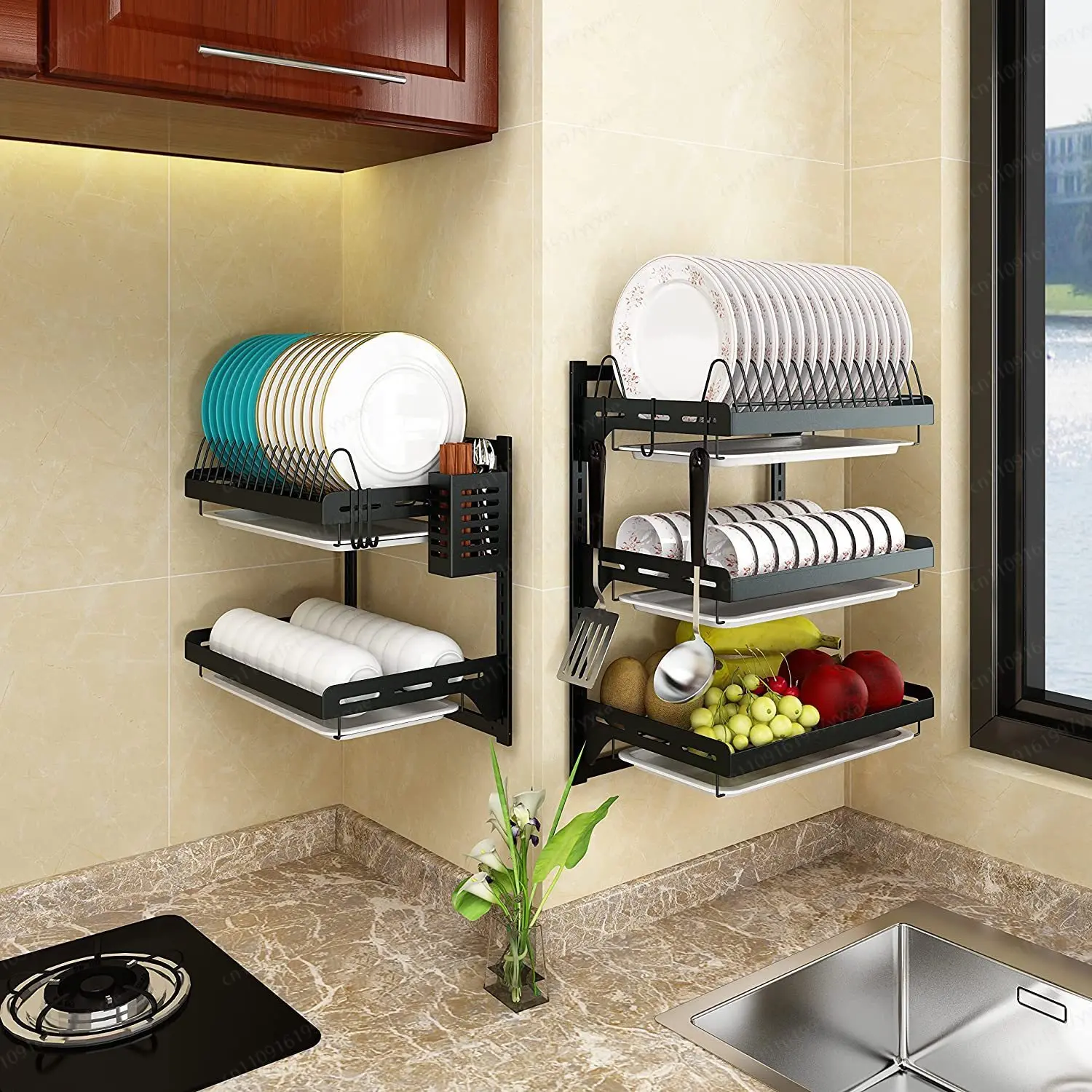 Kitchen Dish Rack,Hanging Dish Drying Rack Organizer Storage Shelf Over Sink,2 Tier Wall Mount Bowl Holder With Drain Tray