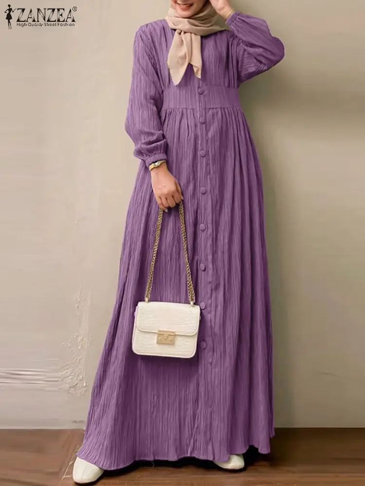 

ZANZEA 2023 Autumn Elegant Casual Buttons Down Sundress Women Vintage Long Sleeve Muslim Maxi Dress Dubai Islamic Clothing Abaya