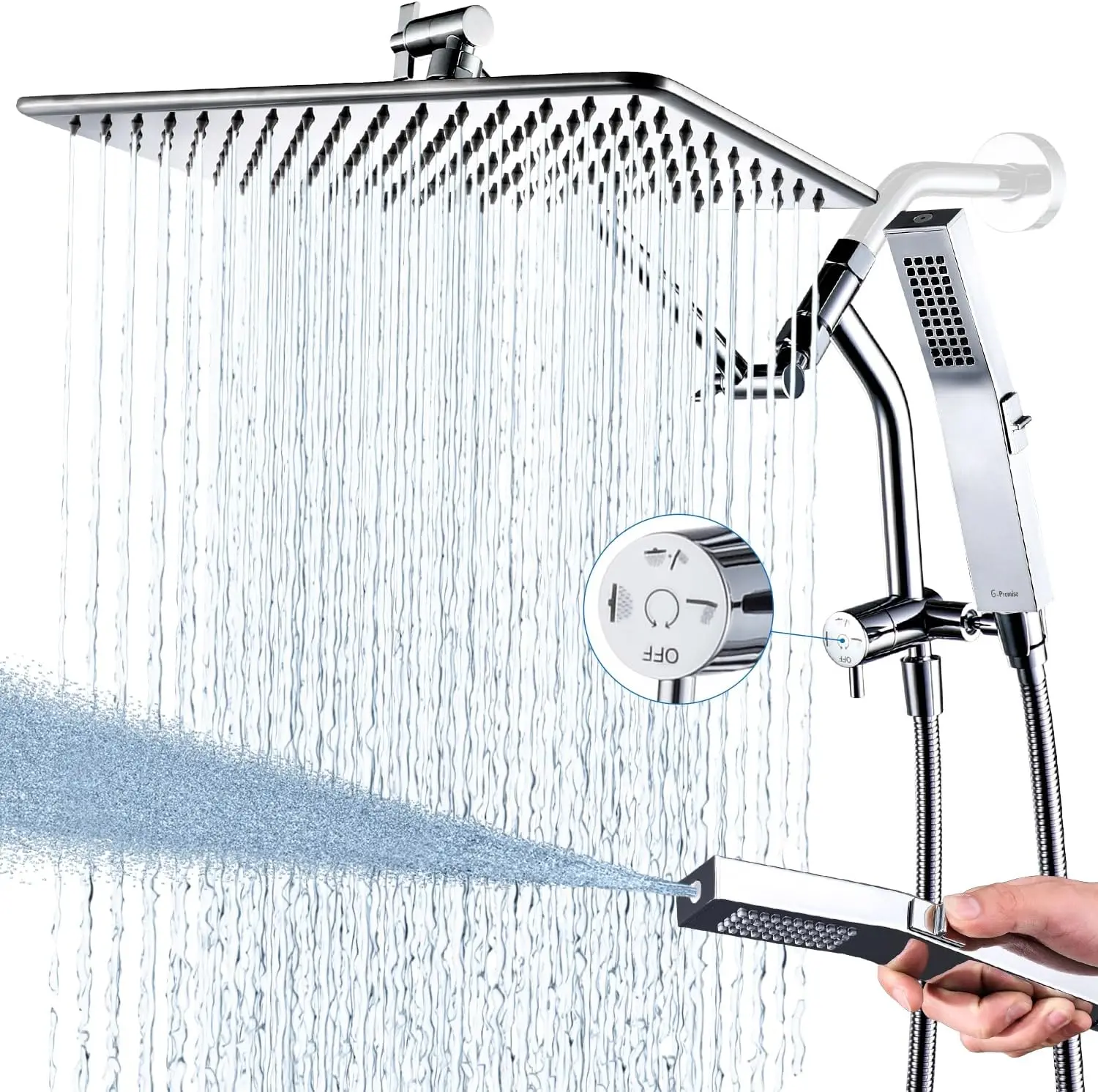 

14 Inch Rain Shower Head with Handheld, All Metal, 3-Way Diverter with Pause, 11" Extension Arm, Chrome