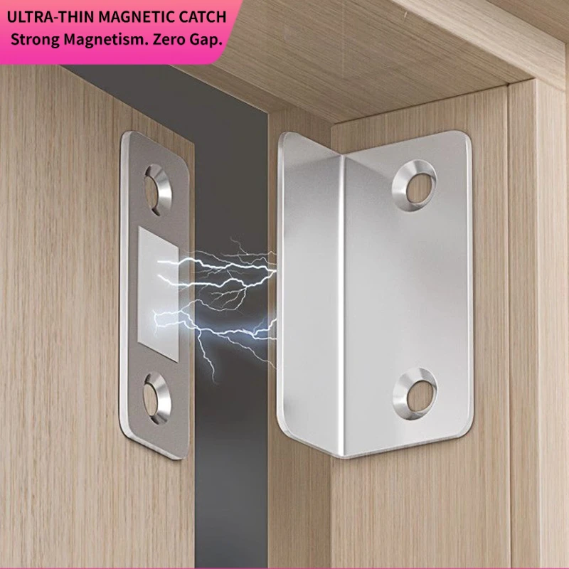 Ultra‑Thin Stainless Steel Cabinet Magnetic Catch, No‑Drill Magnet Latch for Wardrobe Drawer Cupboard with Mounting Screws