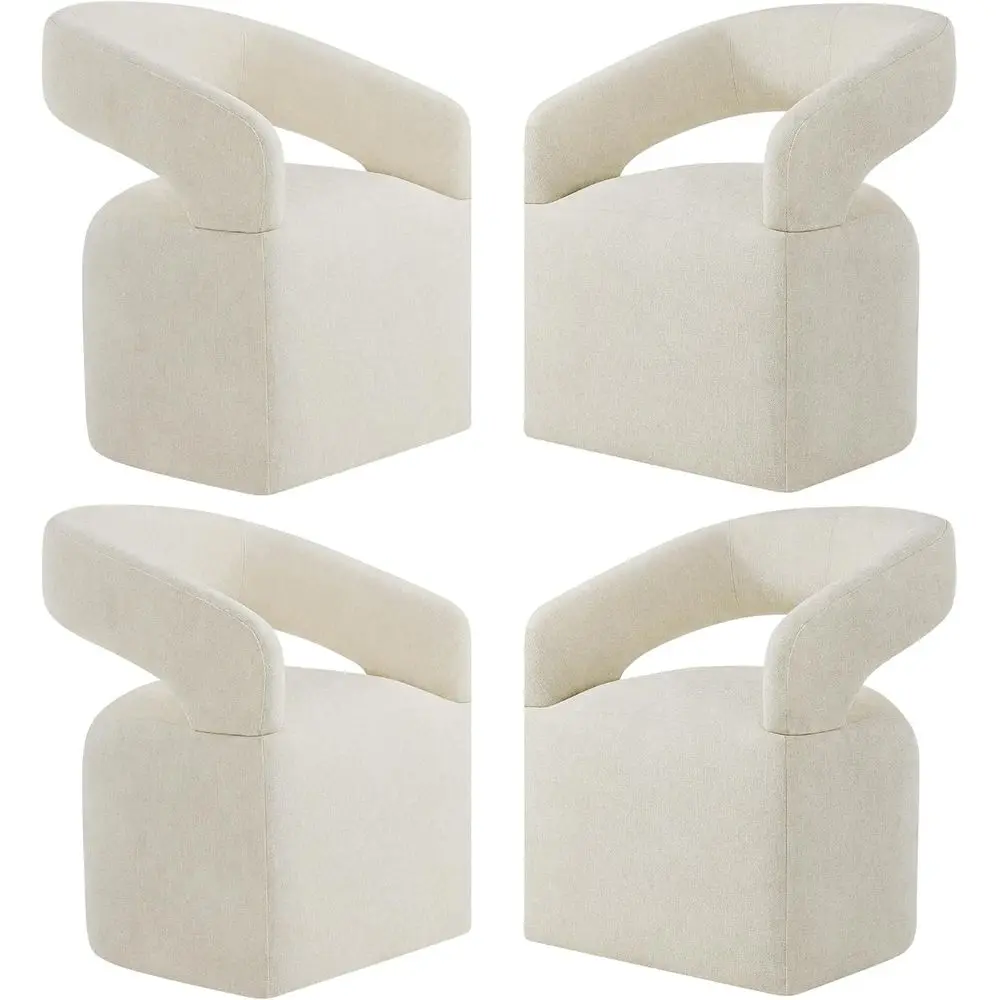 

Set of 4 Upholstered Dining Chairs with Casters, Linen Fabric, Cream Beige for Kitchen or Dining Room