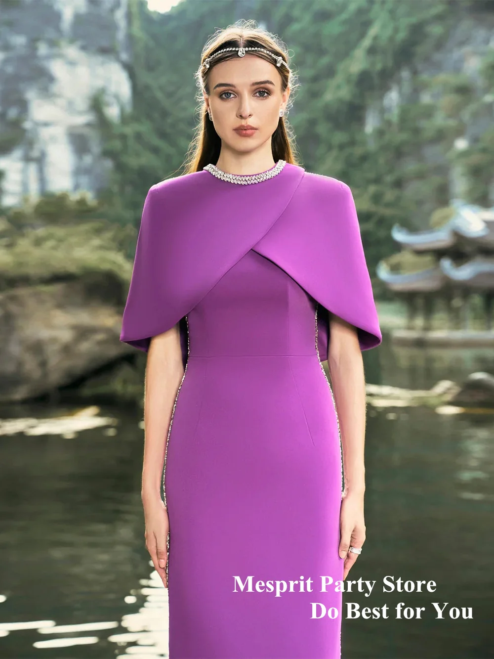 Saudi Arab Purple Prom Dress Round Neck Beading Rhinestones Straight Back Middle Slit Formal Evening Dresses Lady Party Gown