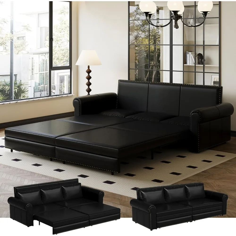 93.7 King Size Sleeper Sofa Bed, Pull Out Sofa Bed, Faux Leather Upholstery, 3 in 1 Convertible Sleeper Couch