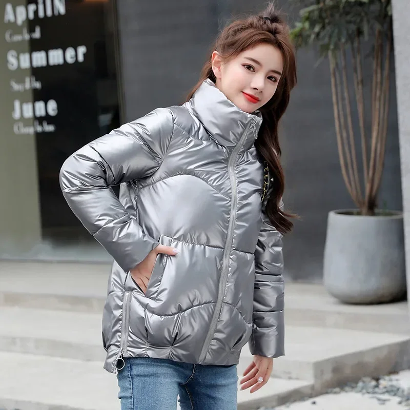 Women Short Coats Parkas Stand Collar Thick Long Sleeve Solid Coat Zipper Parka High Street Outerwear Jackets Winter 2024