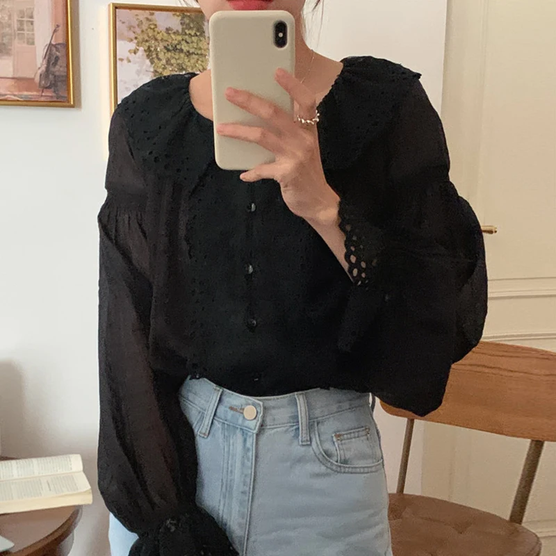 

Chic Lace Trim Flared Sve irt Loose Fit Turn-down Collar Single Button Micro Translucent Korean Sle Long Sve Blouse