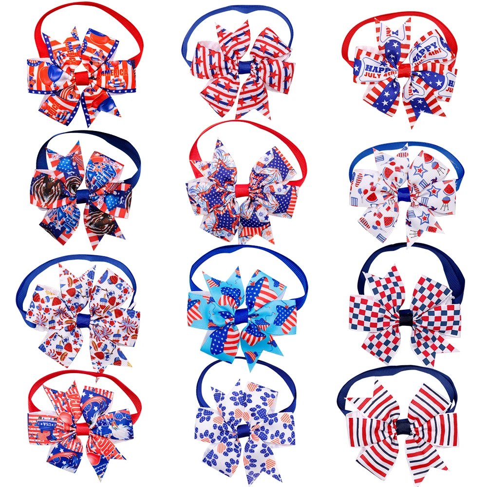 50ps Dog Bow Tie For 4th of July  Small Dog Cat Puppy Bowties Neckties For Dogs American Independence Day Small Dog Accessories