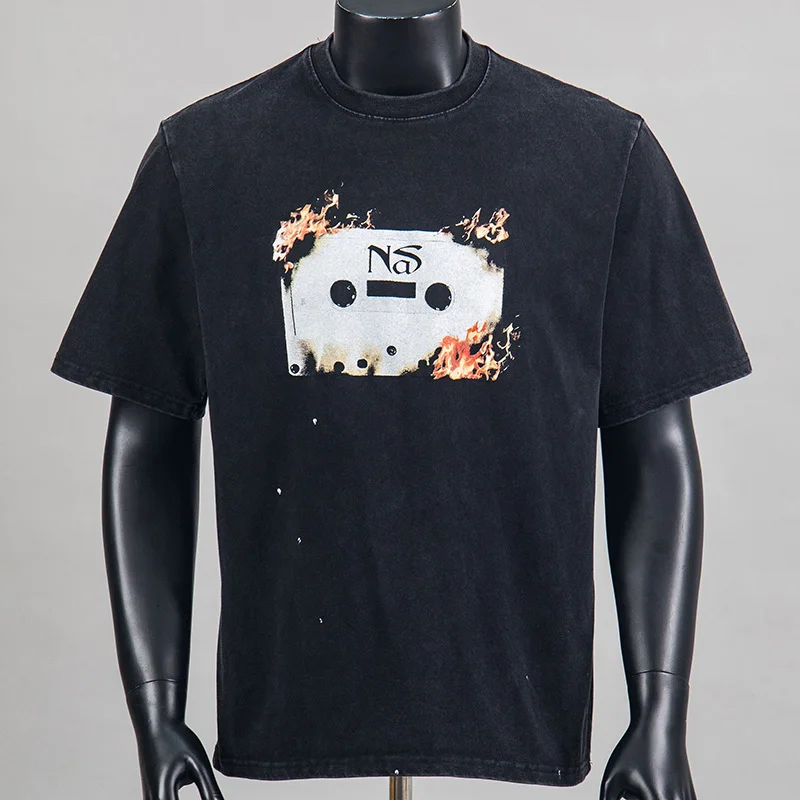 Saint Short Sleeve Burning Tape Recorder Vintage Washed Distressed Loose Fit Casual Men's T-Shirt Summer