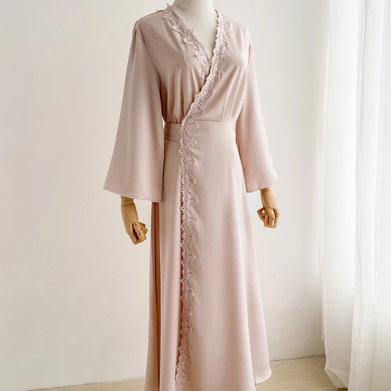 V Neck Long Sleeve Nightgown Dressing Gown Solid Color Lace Edge Backless Sleep Dress Sexy Homedress Kimono Loose Nightdress