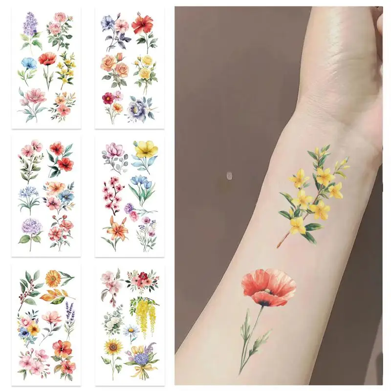 10Pcs/set Colorful Flowers Temporary Tattoo Sticker Waterproof Sunflower Bouquet Art Tattoo Sticker Decoration Party Gift