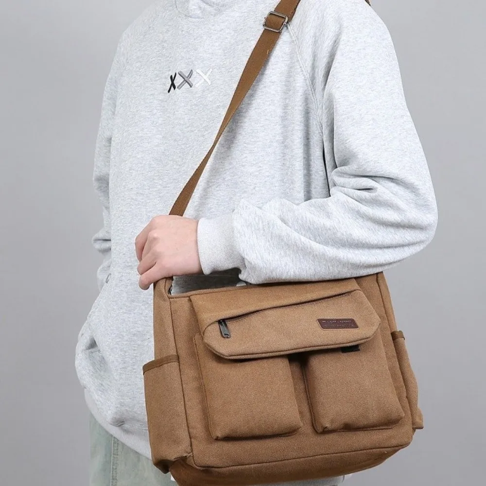 Borsa a tracolla in tela da uomo di grande capacità Borsa a tracolla multitasca in stile coreano con cerniera Borsa a tracolla in tinta unita da lavoro