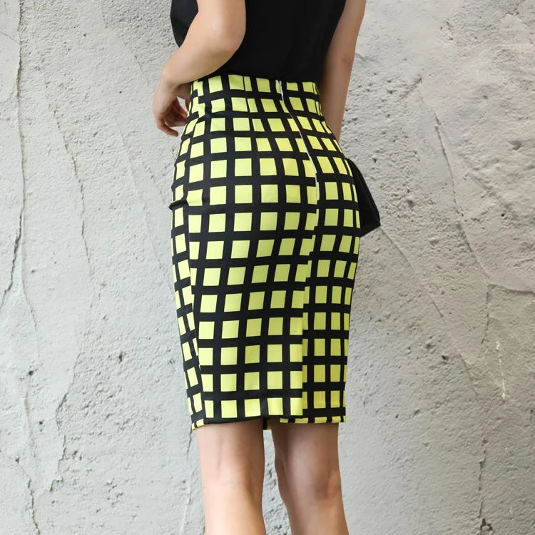 Plaid bag hip skirt large size S-3XL casual skirt ladies temperament high waist stretch pencil skirt office