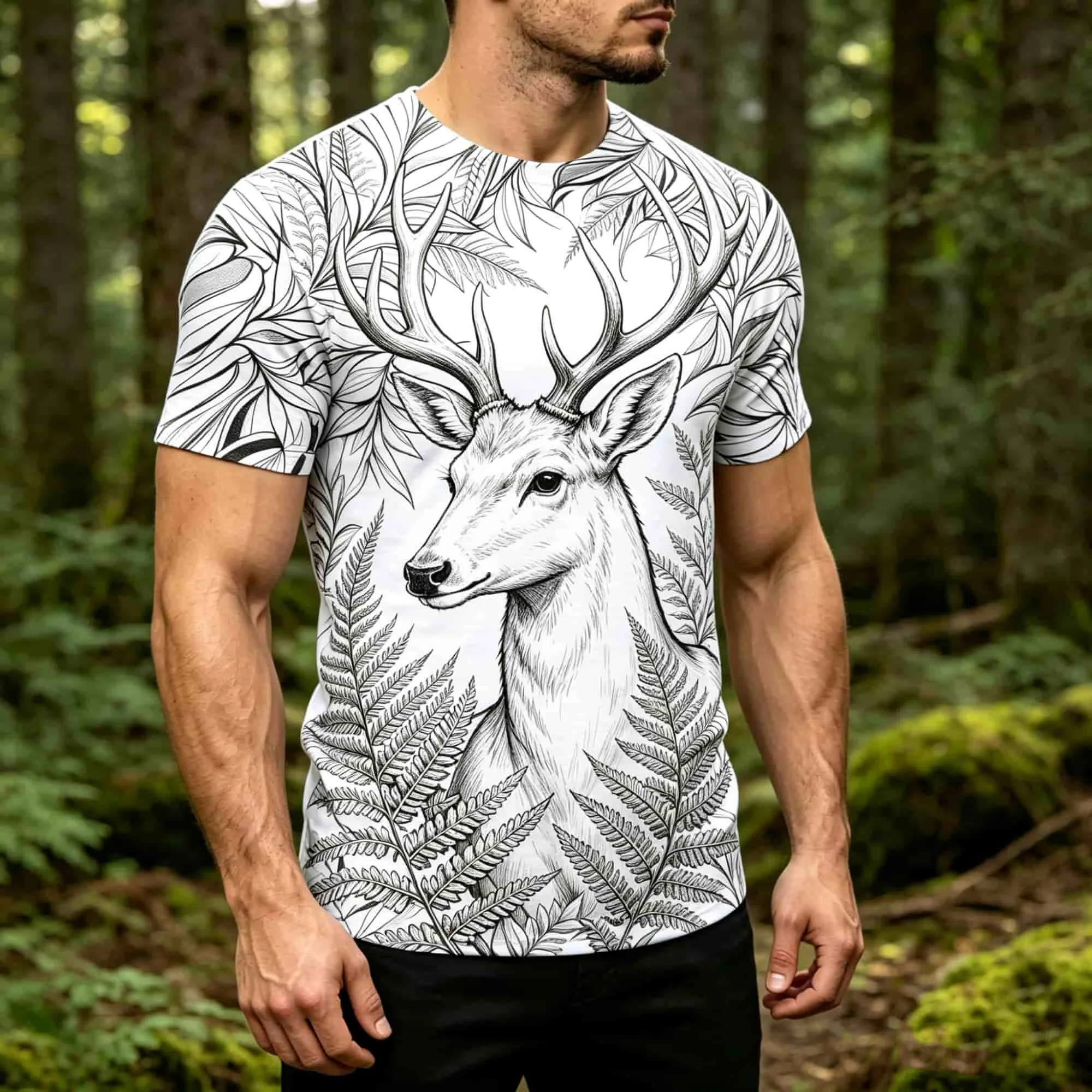 All Over Printed Wild Animal Men T-Shirt Creative Sketch Deer Pattern Graphic Tops Trendy Street Style Male Casual Short Sleeve