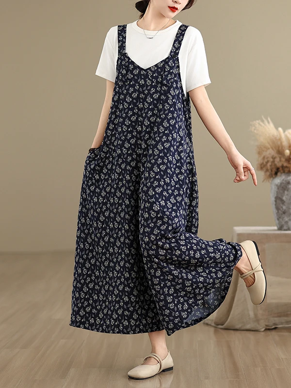 Pantalon d'été Original à bretelles florales pour femmes, grande taille, ample, fin, jambes larges, combinaison pour les déplacements, pantalon pour poire aped