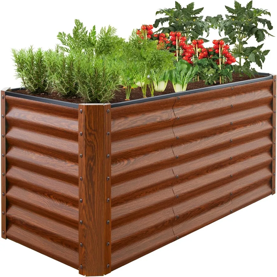 

4x2x2ft Outdoor Metal Raised Garden Bed Deep Root Planter Box for Vegetables Flowers Herbs w/ 119 Gallon Capacity - Wood Grain