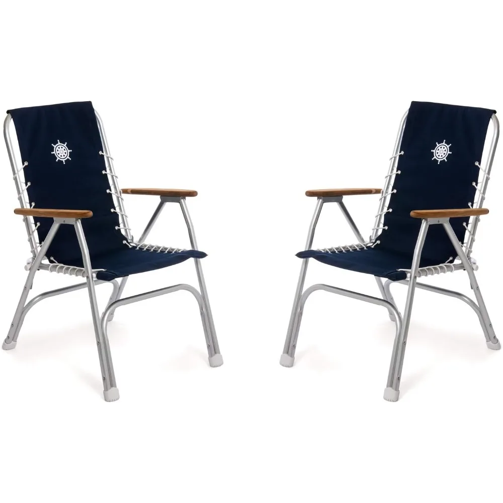 

Boat Chairs High Back Navy Blue Deck Folding Marine Aluminum Teak Furniture Set of 2 M150NB