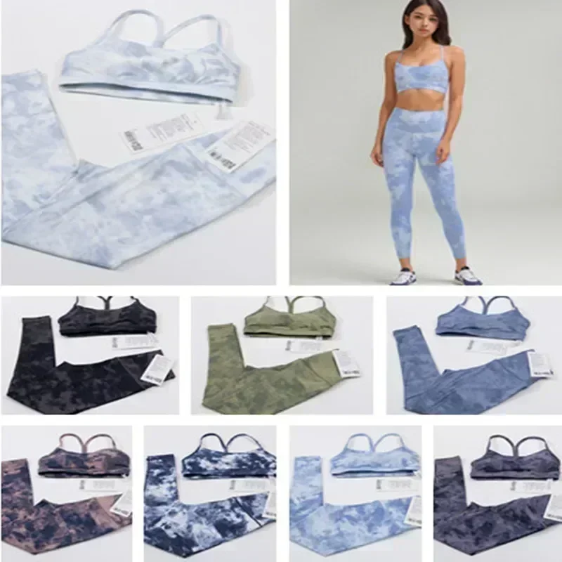 2PCS  women's Yoga Set Tie dyed Printing High Waist Leggings Sportswear Gym Top Y-shape Bra Fitness Workout Tracksuits