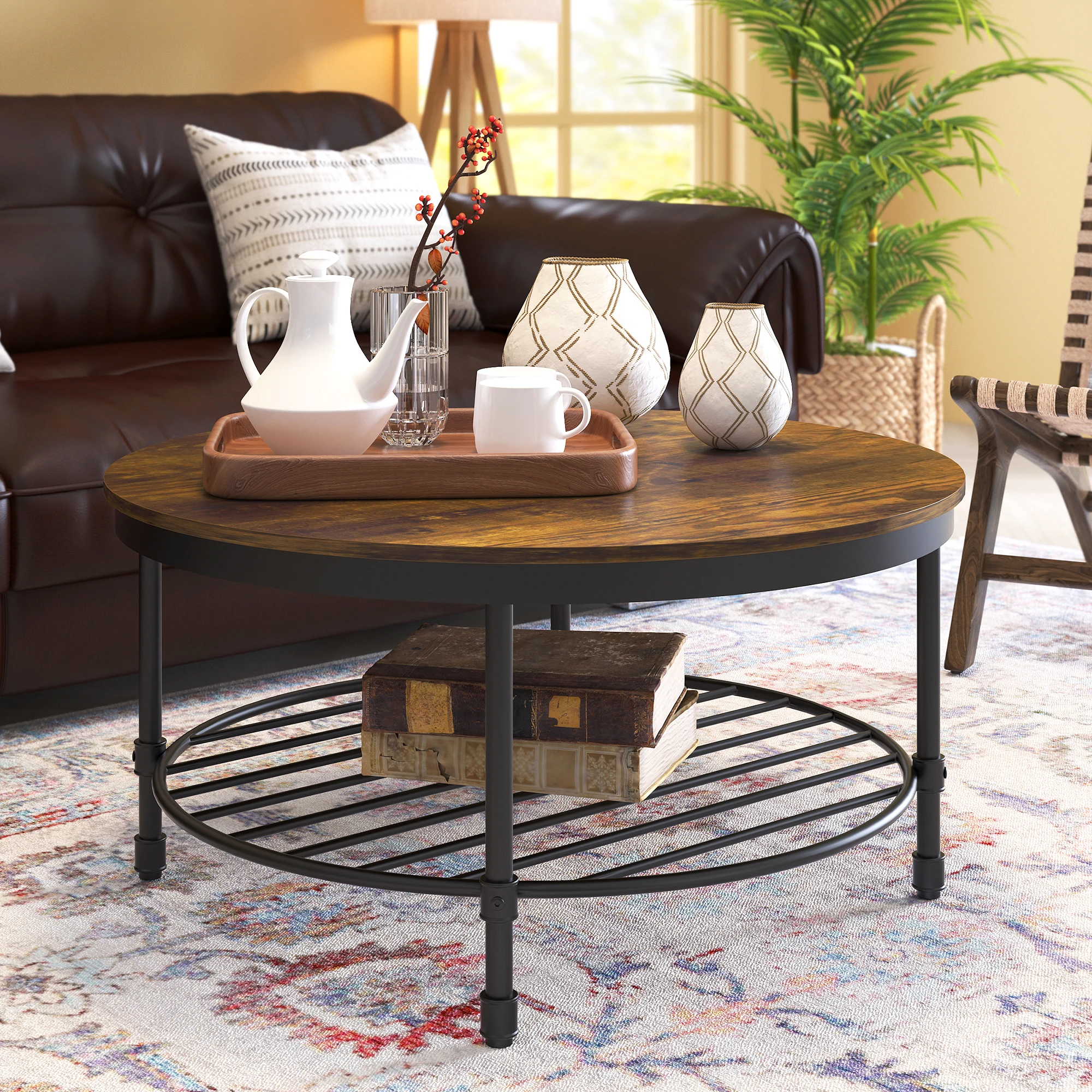 2-Tier Round Coffee Table, Industrial Coffee Table for Living Room, Wooden Rustic Accent Table with Open Shelf Storage, Brown