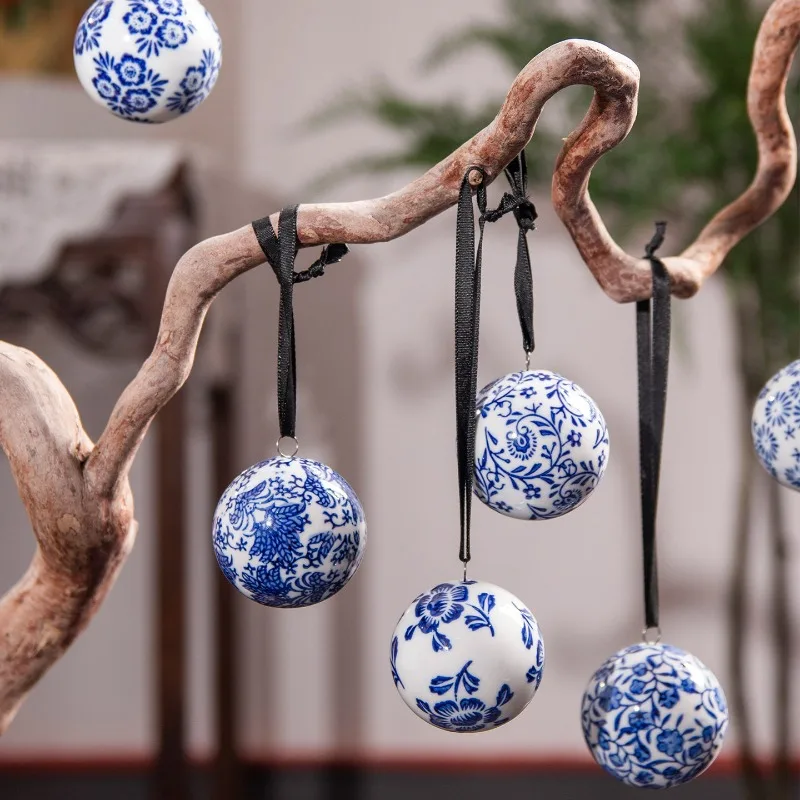Blue White Porcelain 5cm Ceramic Ball Pendant Wind Chime Christmas Tree Ornament Car Decoration