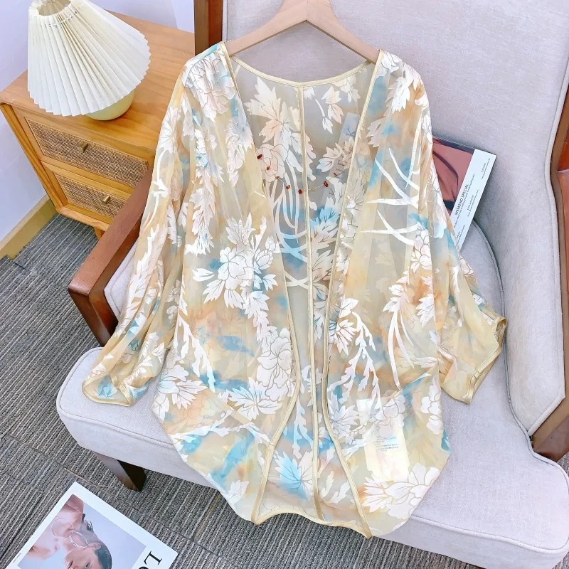 

New Chinese Sle Silk Burned Flower ort Sve irt Women's Outerwear Sunscreen Faionable Breathable Polyester Fiber