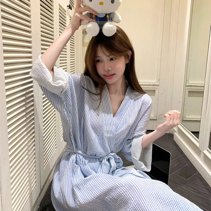 Blue Striped Nightgown, Women's Spring and Summer Long Sleeved Loose and Simple Casual Morning Gown, Home Wear, Nightgown image 3