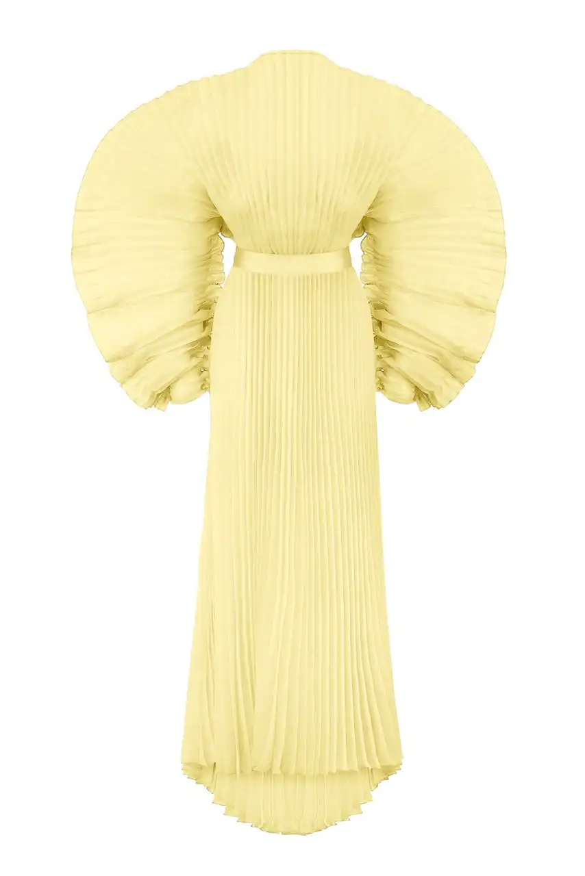 Light Yellow Gowns Pleated Draped Sheer Transparent Maxi Dress Puff Sleeves Long Formal Dresses Organza Floor Length