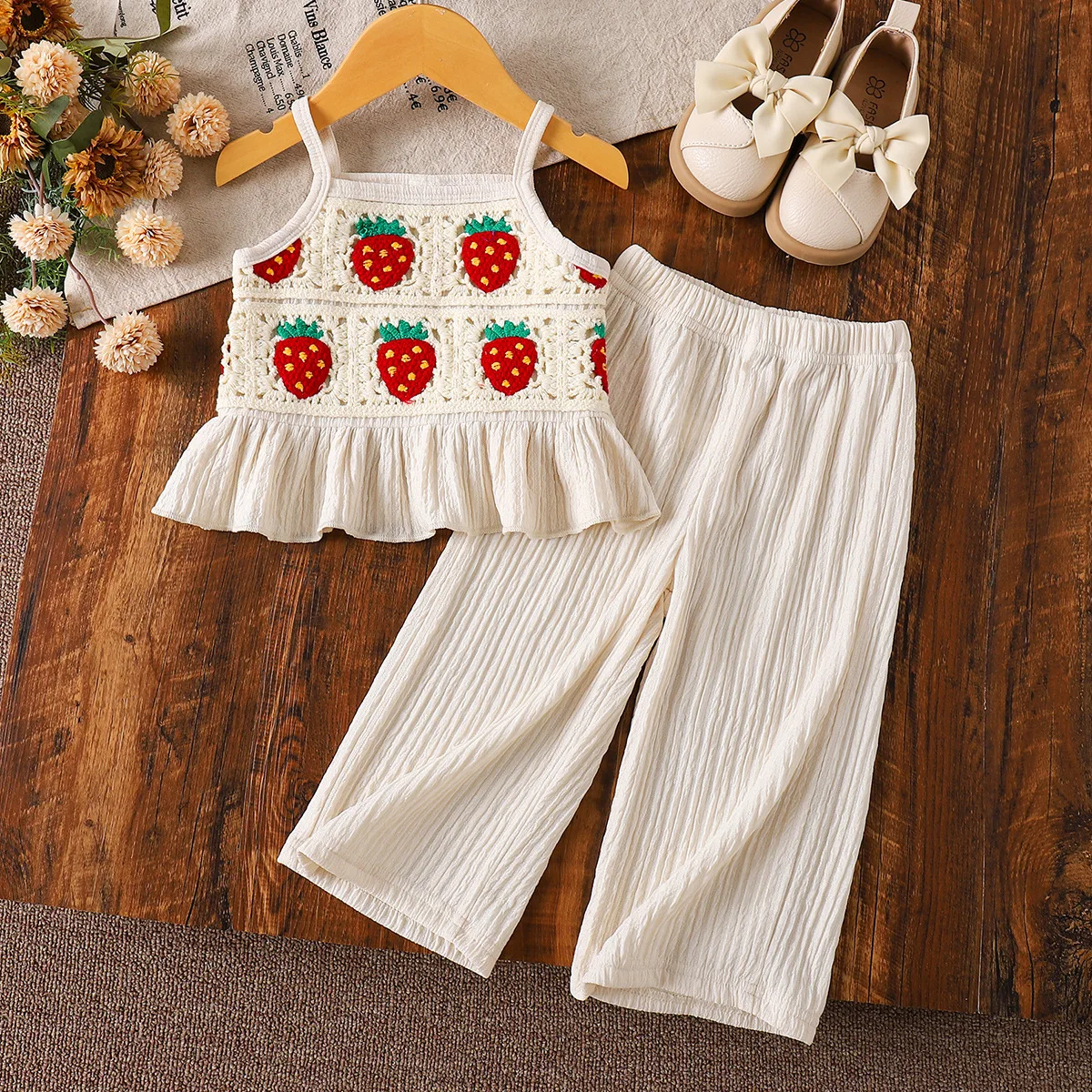 Toddler Girls Summer 2 Piece Outfit Crochet Strawberry Ruffle Cami Top Wide Leg Pants Kids Sling Vest Loose Trousers Clothes Set
