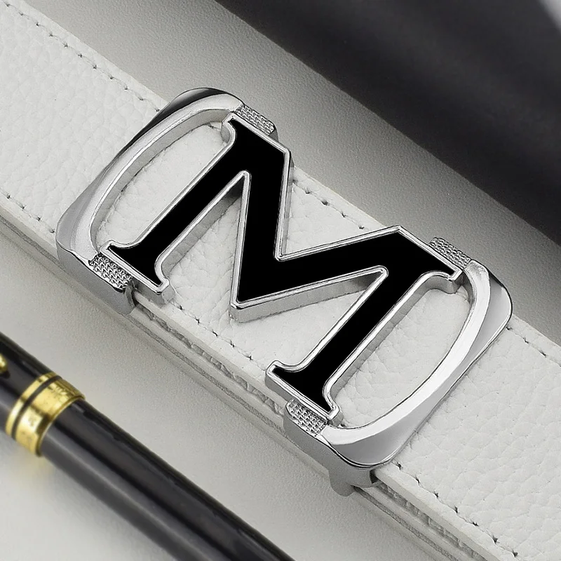 

Высококачественный белый ремень для мальчиков, модельер, повседневный кожаный ремень с металлической пряжкой, мужской ремень с надписью M