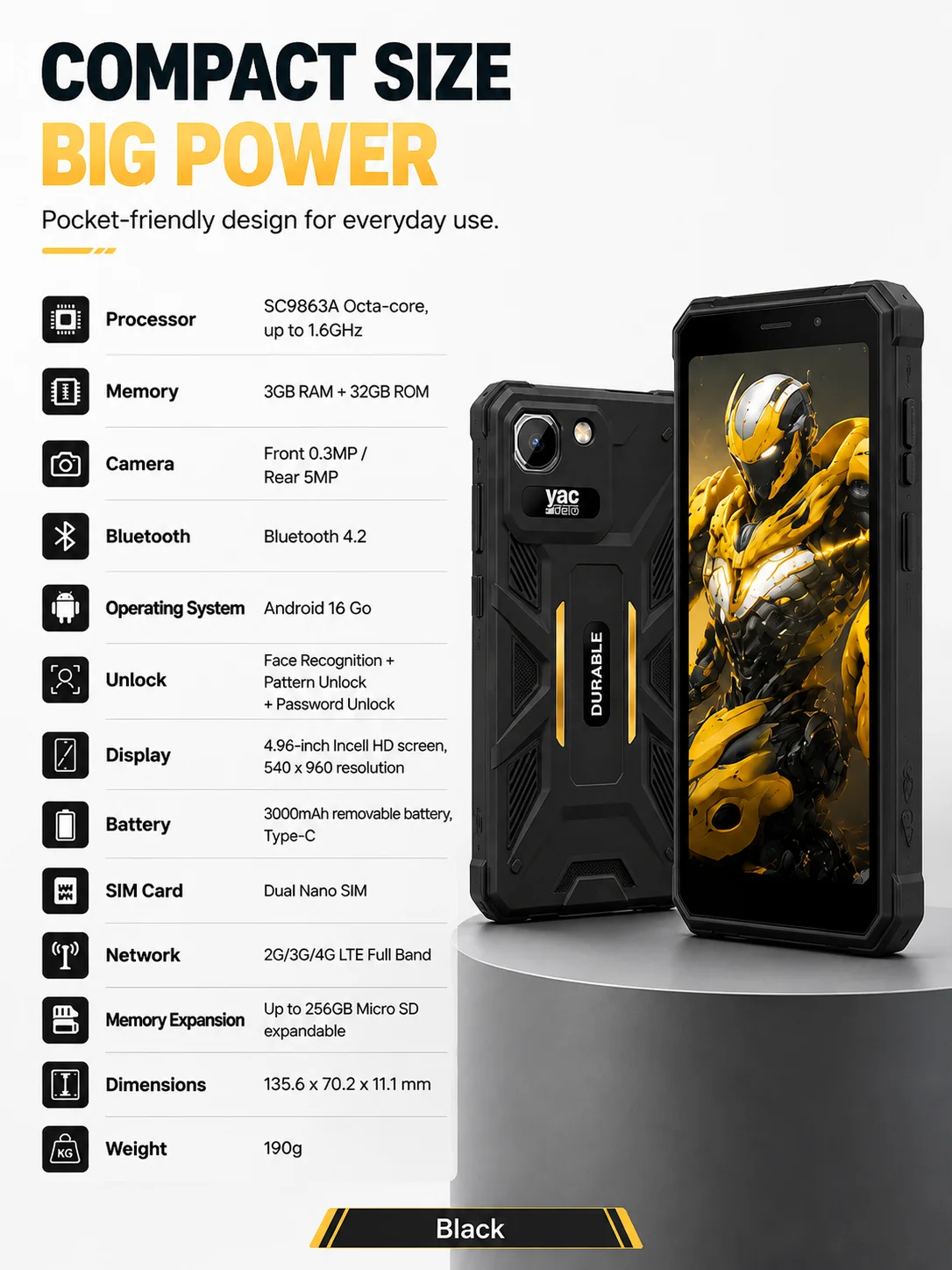 YACDELO ROCK V1 Mini Rugged Phone Compact Size 4.96" Display 3GB 32GB Removable 3000mAh Battery Android 16 GO Light Weight Phone