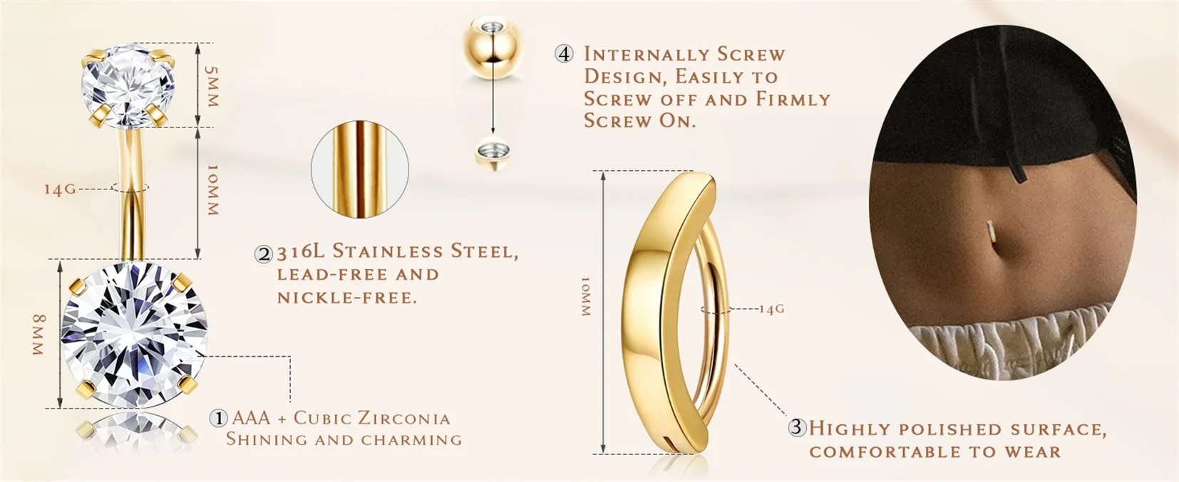 Drperfect 316L Edelstahl Bauchnabelpiercing Chirurgischer Edelstahl Bauchnabelring für Frauen Nabelschmuck – Detail 4