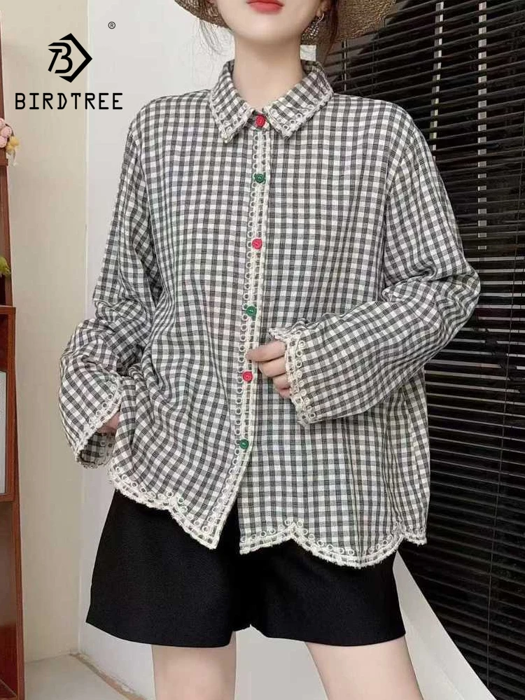 

New 2025 Winter Cotton Long Sleeve Shirt, Women Turn-down Collar Plaid Lace, Mori Girl Colorful Buttons Loose Blouse T5D418CC