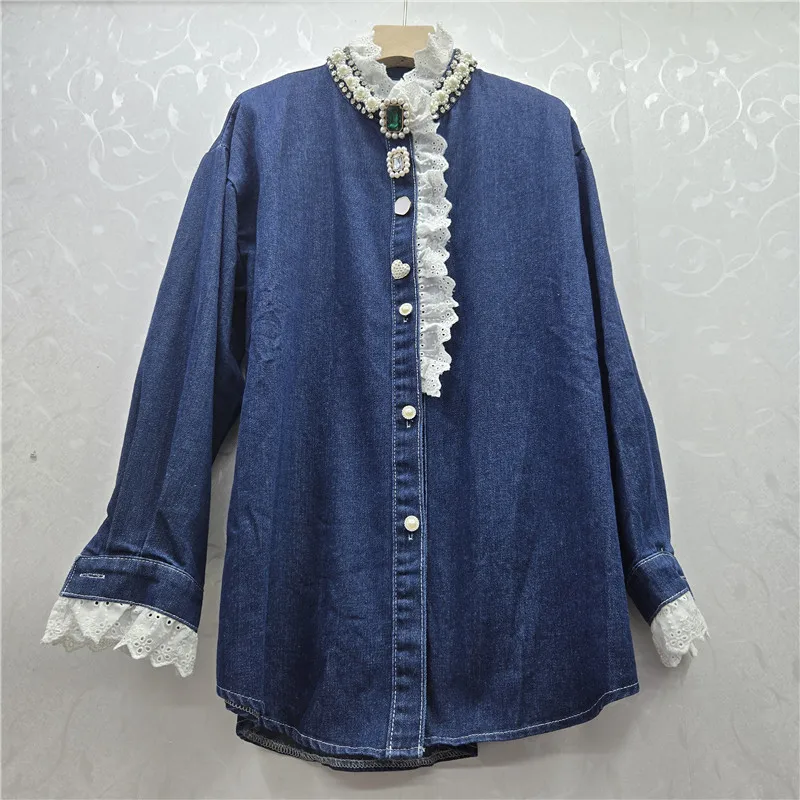 

SuperAen Embroidered Flares Lace Patchwork Diamond Stand Collar Denim Shirt for Women Loose Europe and America Style Tops