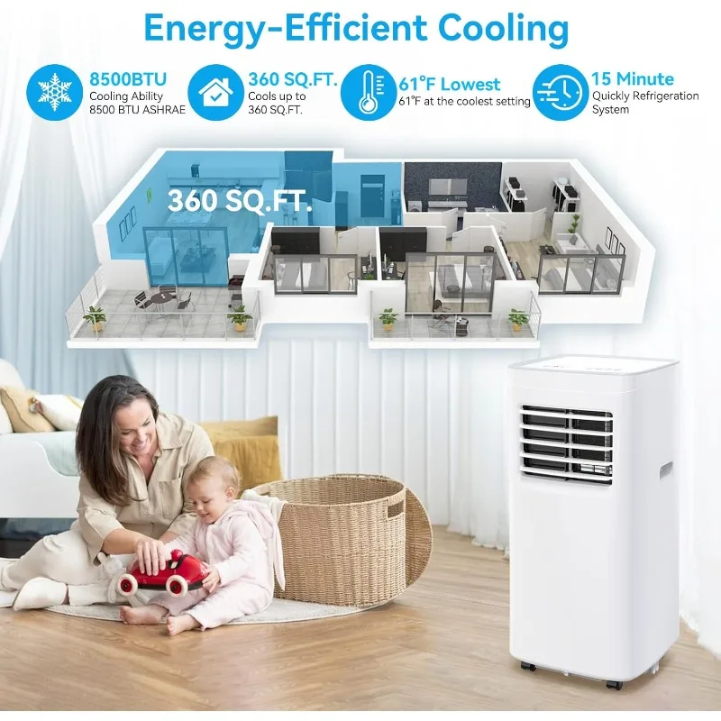 Climatizzatori portatili, CA portatile da 8500 BTU fino a 360 quadrati, 3 IN 1 con telecomando, modalità Sleep, kit Windows, bianco